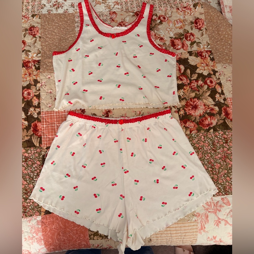 Cherry Print White Tank & Short Sleep Set with Red Trim